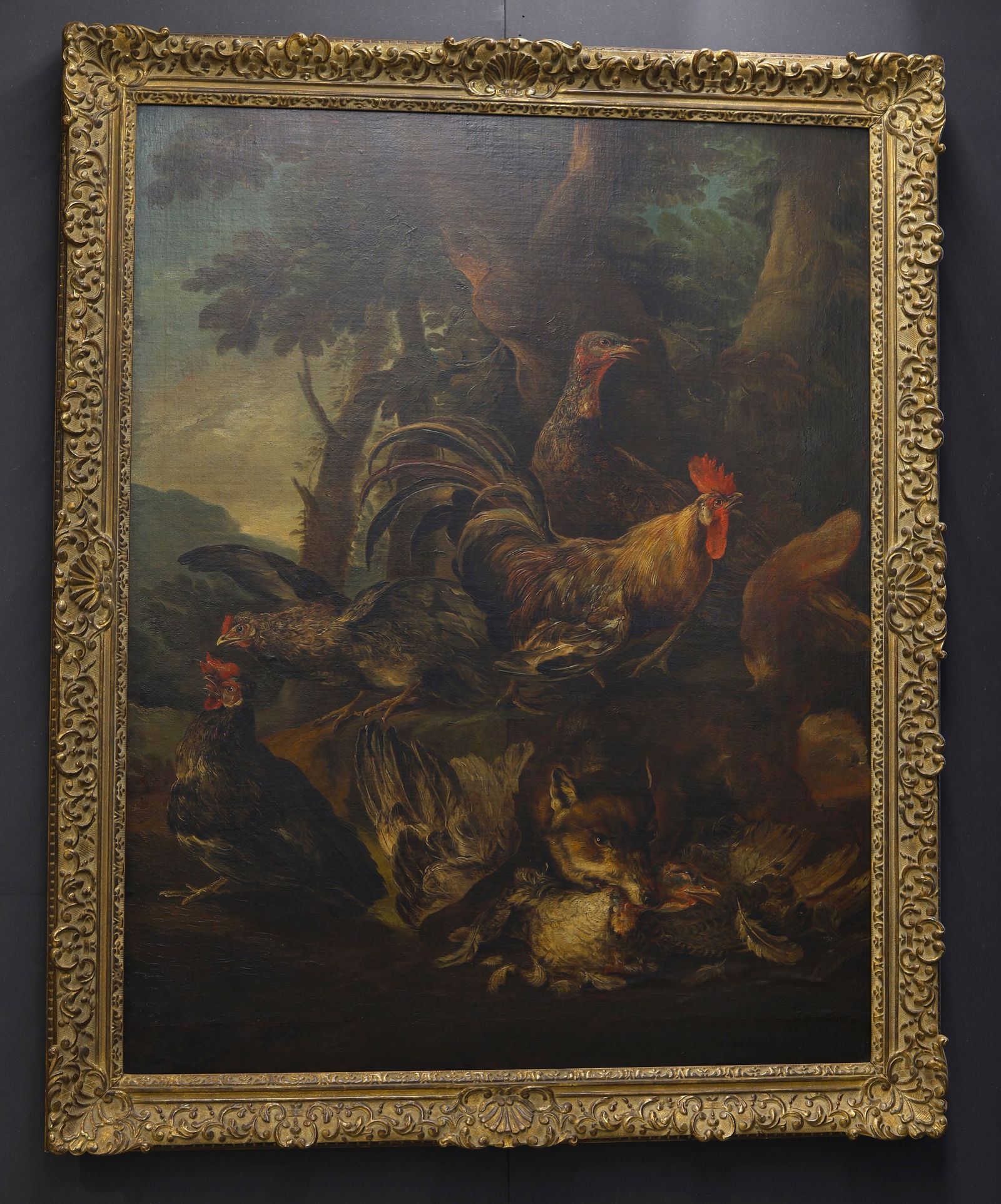 Angelo Maria CRIVELLI known as Il CRIVELLONE (1650-1730) in the style of "The fox in the backyard": Angelo Maria CRIVELLI known as Il CRIVELLONE (1650-1730) in the style of "The fox in the backyard" Imposing oil on canvas, 17th century. - Weight: 20.00 kg - Shipping unavailable - Region: Italie - Si