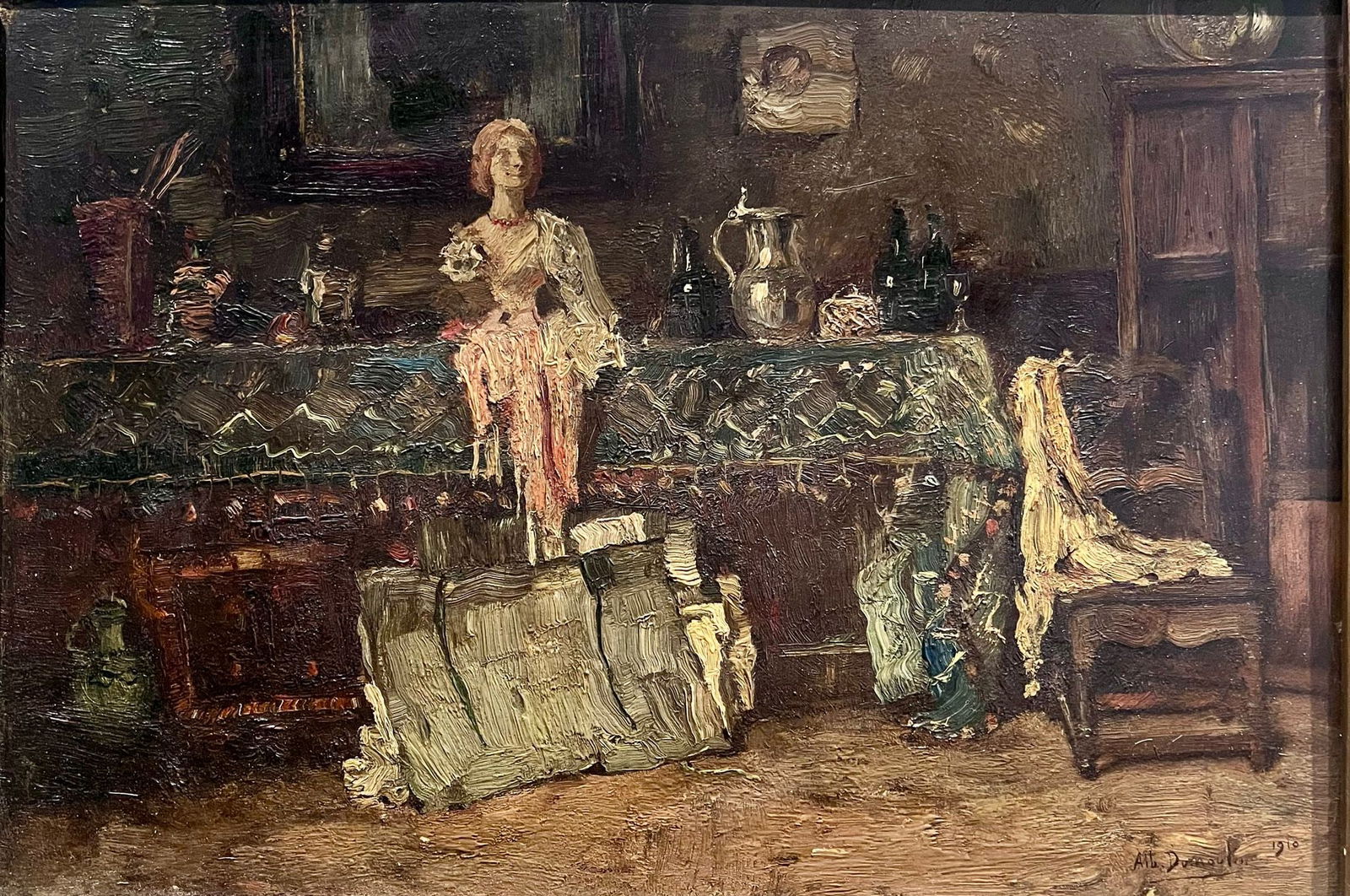Albert DUMOULIN (1871-1935) "The artist's studio" Oil on canvas, signed and dated 1910.: Albert DUMOULIN (1871-1935) "The artist's studio" Oil on canvas, signed and dated 1910. - Weight: 5.00 kg - Shipping unavailable - Region: Belgique - At first glance: normal wear / patina of use