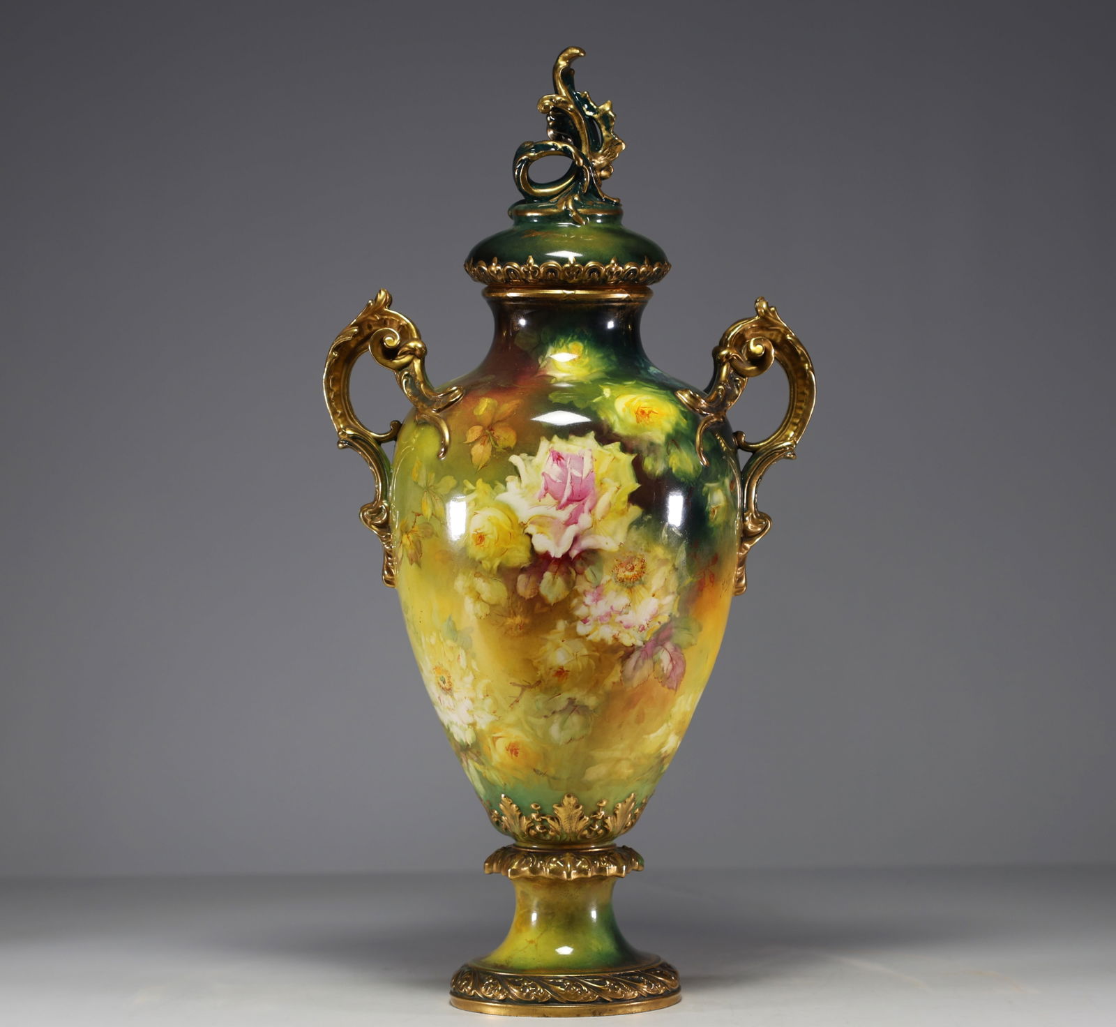 Franz A. MEHLEM (Royal Bonn) - Large covered earthenware vase with floral and gold decoration, (1 of 7)