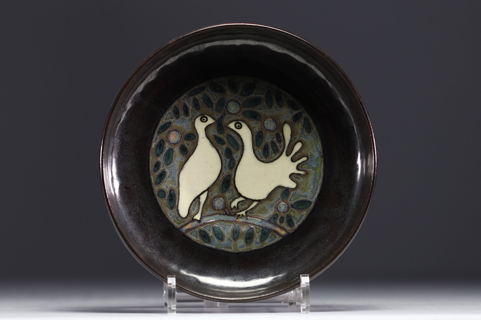 HB Quimper - Bowl on heel in stoneware decorated with doves on a branch (1 of 2)