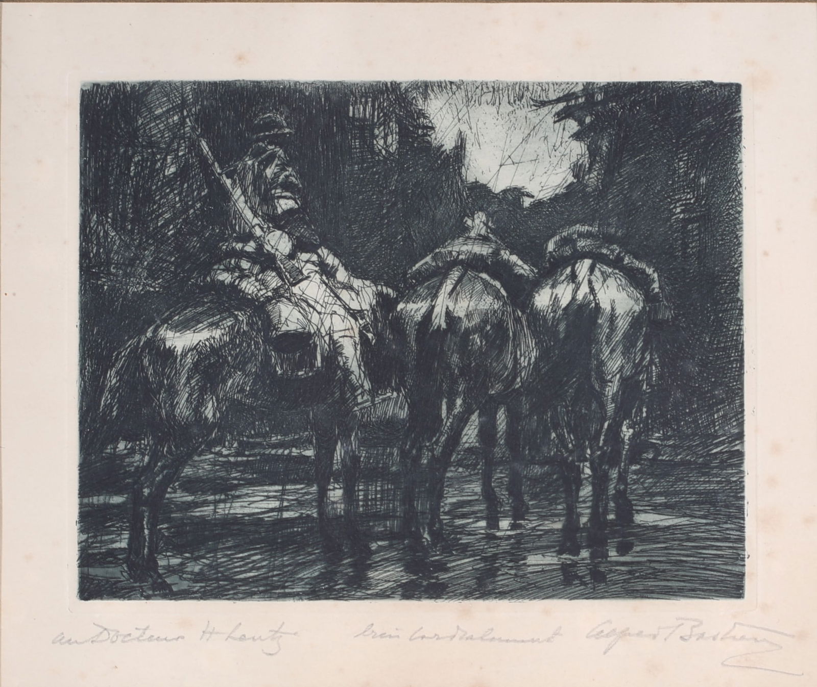 Alfred T. BASTIEN (1873-1955) “Soldier on horseback?? Etching, signed and dedicated. (1 of 2)
