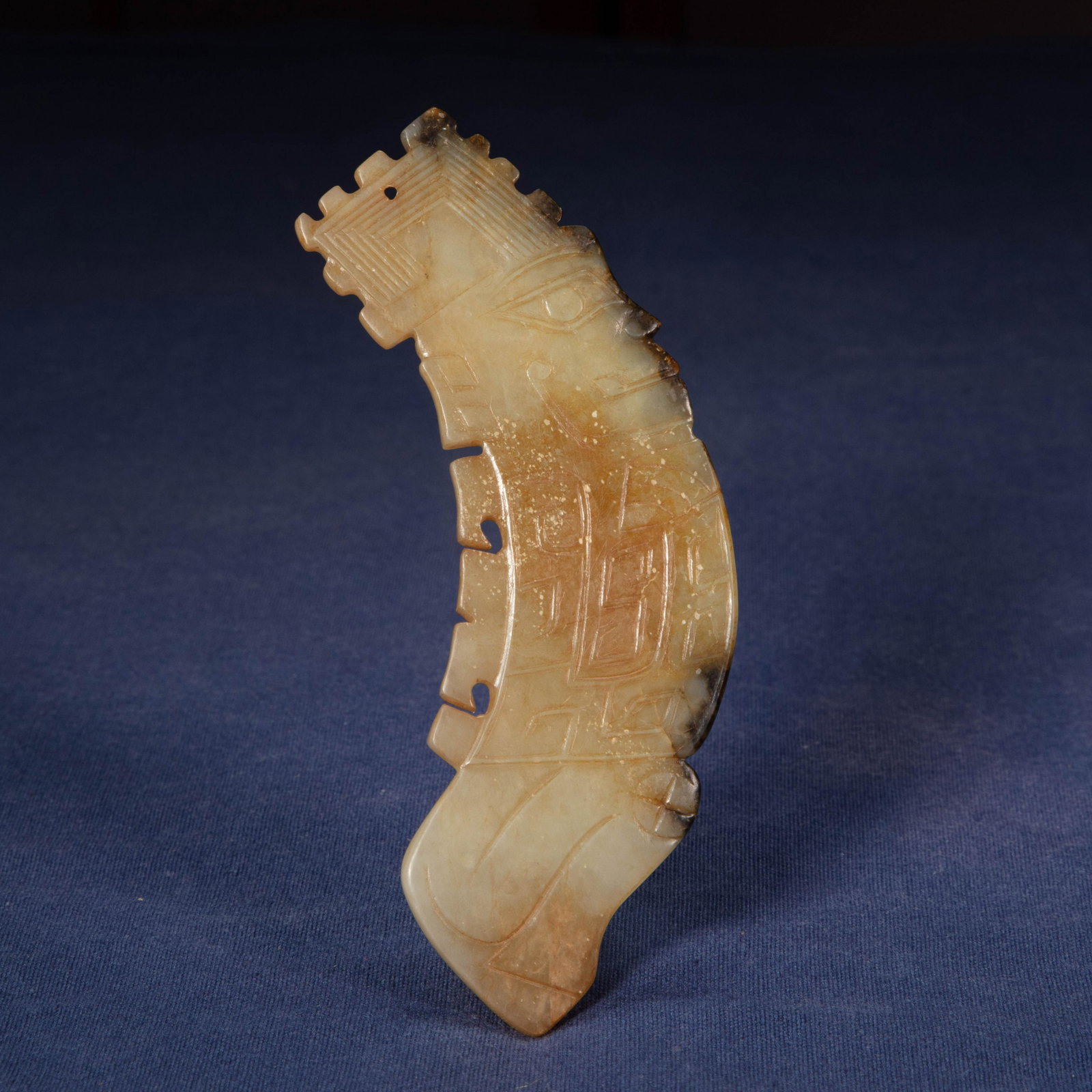 HETIAN JADE PENDANT, WESTERN ZHOU DYNASTY, CHINA: PROVENANCE ï¼š COLLECTOR: MR.NOBUO MAEDA. JAPANESE WOODEN BOX. L. 11.5 CM. W. 3.5 CM. WEIGHT 36 GRAM.