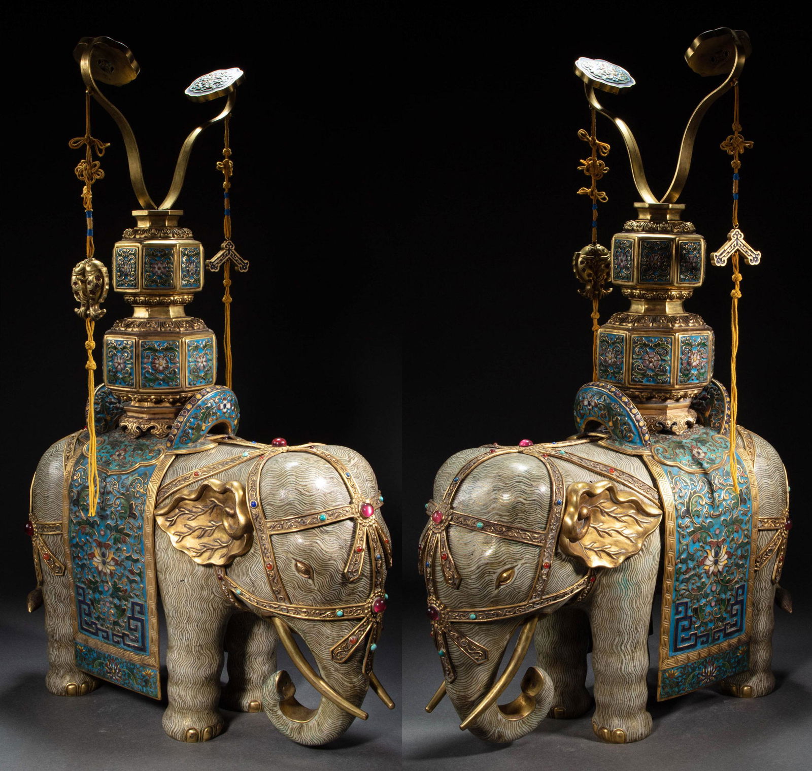 A PAIR OF GILT AND CLOISONNÃ‰ ENAMEL ELEPHANTS , QING (1 of 20)