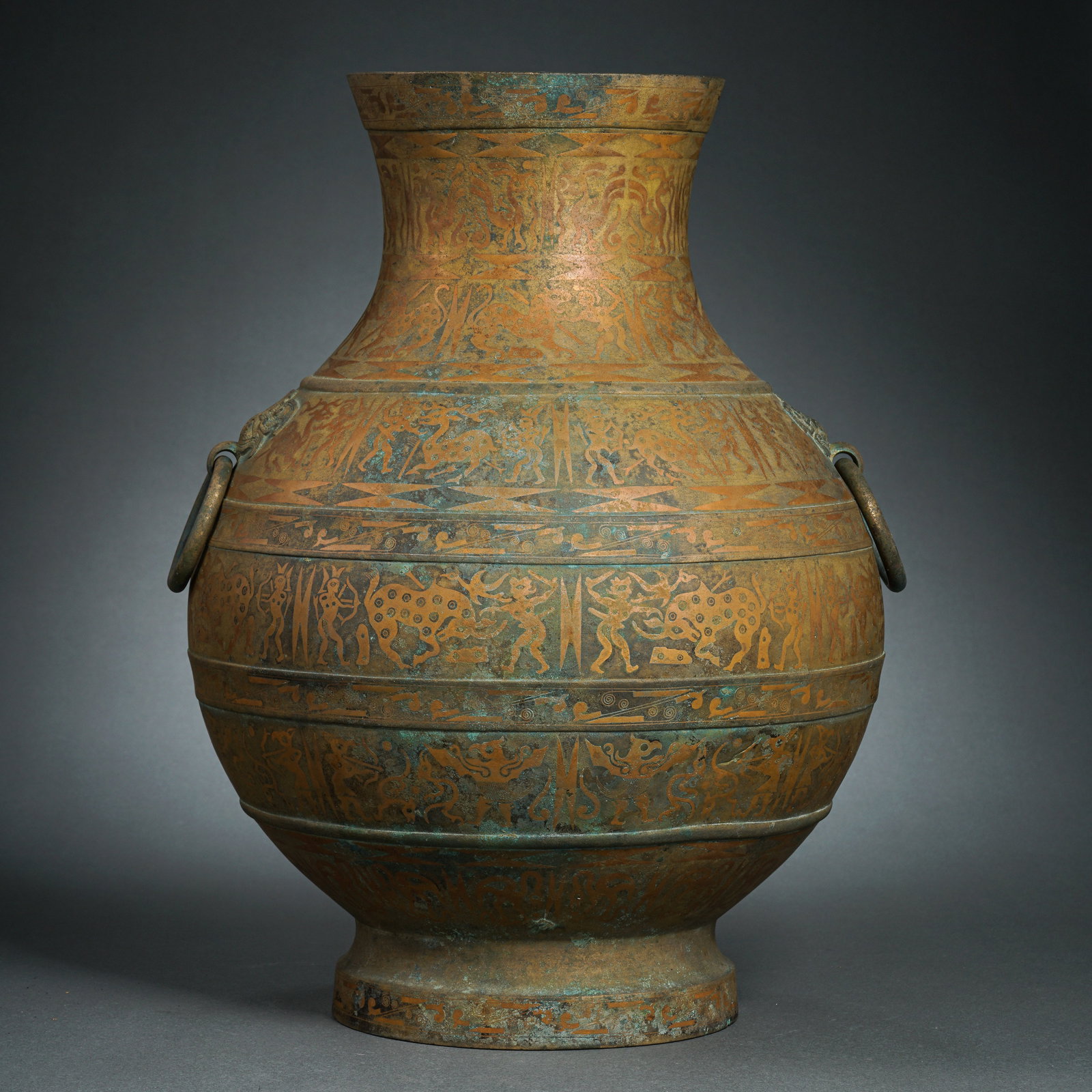 CHINESE HAN DYNASTY BRONZE AND GOLD PLASTERED VASE WITH FIRST TWO EARS (1 of 13)