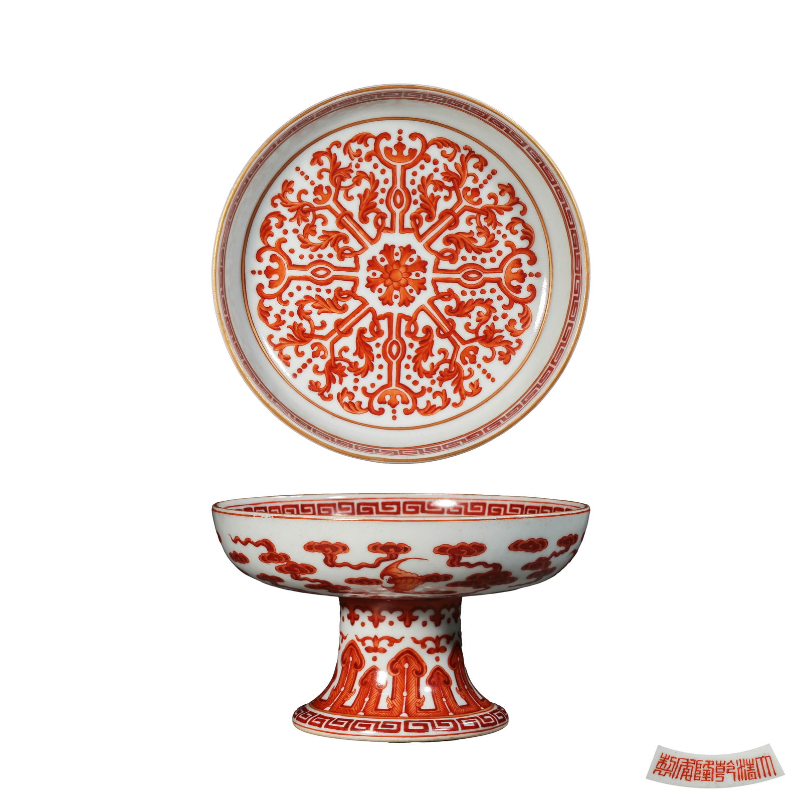 Qianlong Period of Qing Dynasty Alum Red Flower Pattern High Leg Beans "Made in the Qianlong Year of (1 of 12)