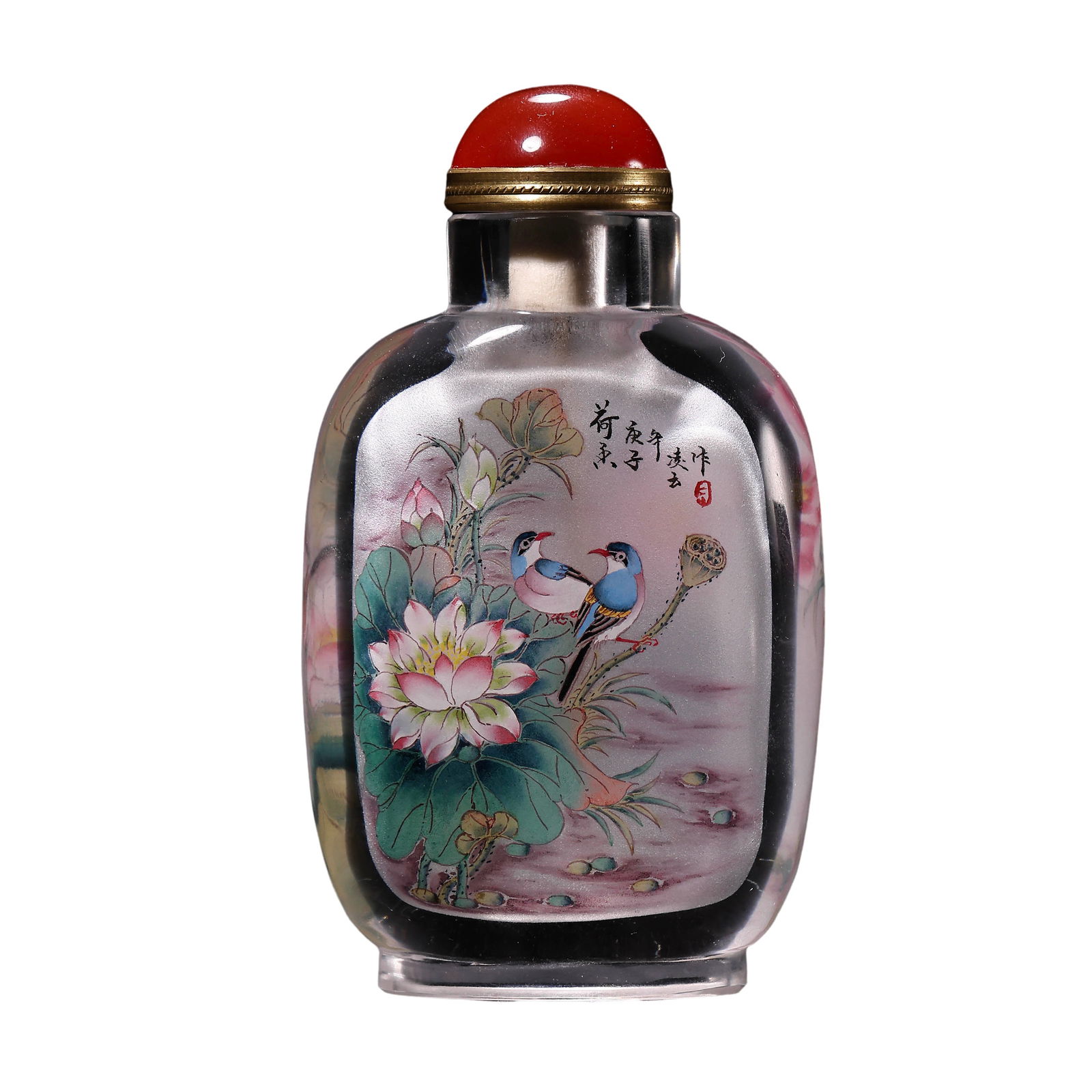 Chinese Qing Dynasty snuff bottle with interior painting of flowers and birds (1 of 7)