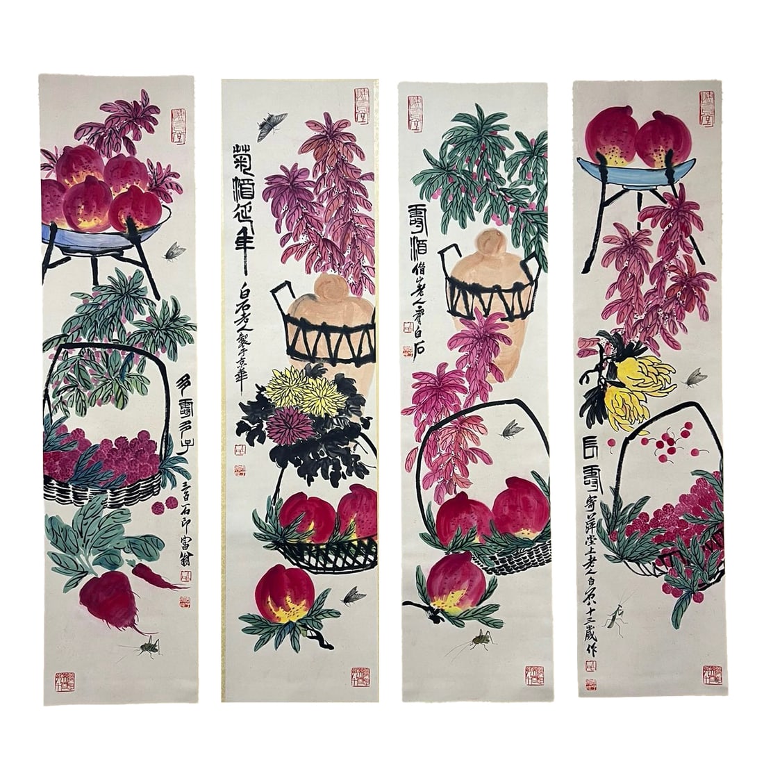 "Four Scrolls of Flowers and Birds" by Qi Baishi (1864-1957): L. 136 cm. W. 33 cm. 4 pieces in total