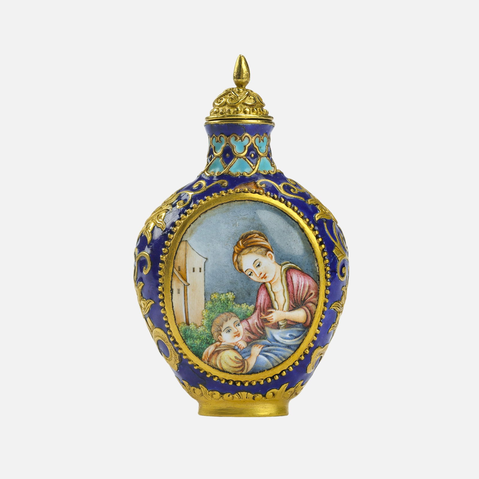 Chinese Qing Dynasty Qianlong Period Gold Enamel Window Snuff Bottle with Western Figures (1 of 6)