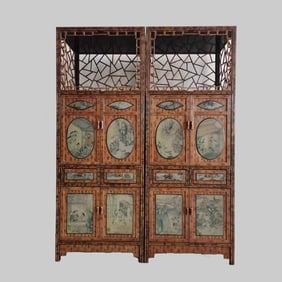A pair of Chinese Qing dynasty Xiangfei bamboo cabinets