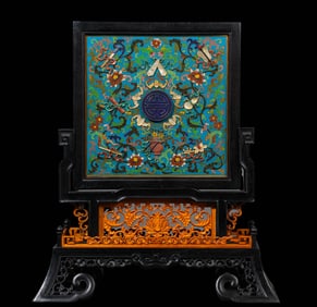 Chinese Qing Dynasty Rosewood Inlaid Cloisonne Screen