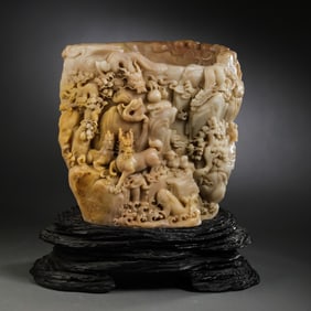 Shoushan stone brush holder with dragon carving, Qianlong period, Qing Dynasty, China