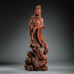Chinese Qing Dynasty Redwood Carved Standing Guanyin