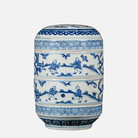A set of blue and white lidded boxes with baby play patterns from the Qing Dynasty, China