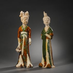 pair of Chinese Tang Dynasty tri-color figurines of ladies
