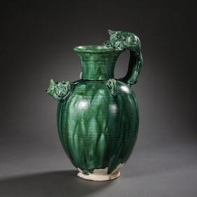 Chinese Tang Dynasty Green Glaze Auspicious Beast Handle Double-Handled Ewer