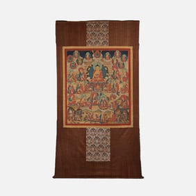 17th century Chinese Tibetan painted thangka of Sakyamuni worshipping Buddha
