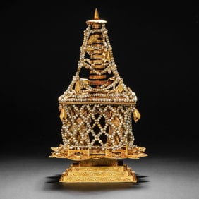 Chinese Tang Dynasty Pure Gold Pearl-Inlaid Pagoda
