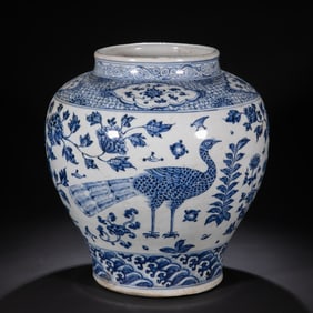 Chinese Ming Dynasty Blue and White Peacock Pattern Large Jar