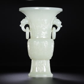 Chinese Qing Dynasty Hetian white jade double-ringed flower vase