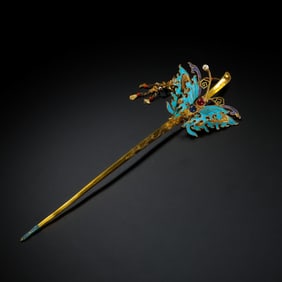 Pure gold hairpin with kingfisher feather and butterfly inlaid with gemstones, Qing Dynasty, China
