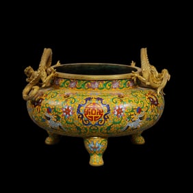 Chinese Qing Dynasty Yongzheng Period Enamel Floral Pattern Tripod Censer with Double Dragon Ears