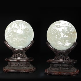 A pair of Chinese Qing Dynasty Hetian white jade carved screens
