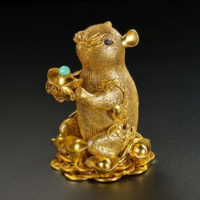 Chinese Qing Dynasty Silver Gilded Gemstone Lucky Rat