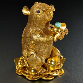 Chinese Qing Dynasty Silver Gilded Gemstone Lucky Rat