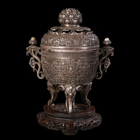 Chinese Qing Dynasty Qianlong period pure silver double handle elephant foot cover censer