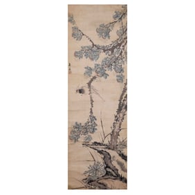 Chinese Qing Dynasty Paper Hanging Scroll Flower and Bird Painting - Ren Xun (1835-1893)