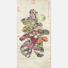 Hanging scroll with flowers and the Chinese character “Shou?? on paper, Qing Dynasty, China -