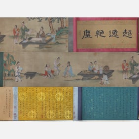 Ancient Chinese Paper Figure Story Painting Scroll - Qiu Ying (?)