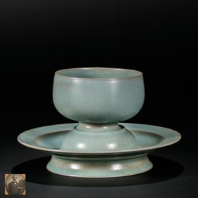 A pair of Chinese Song Dynasty Ru kiln celadon saucers