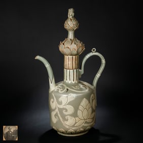 Korean Goryeo Celadon Ewer with Black and White Floral Inlay