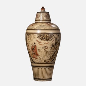 Plum vase with black figures and stories in white background from Cizhou kiln, Northern Song