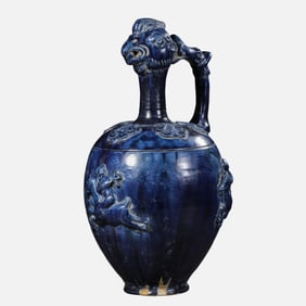 Chinese Tang Dynasty Blue Glaze Sticker Chicken Head Pot