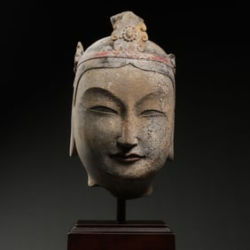 Chinese Northern Wei Dynasty Bluestone Painted Buddha Head