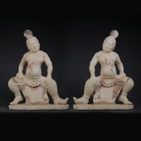 A pair of white marble painted figures of warriors from the Tang Dynasty, China