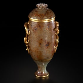 Chinese Han Dynasty Jade Cup with Gold Inlay and Dragon Pattern