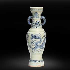 Chinese Yuan Dynasty Blue and White Dragon Pattern Double-Handed Pan Mouth Vase