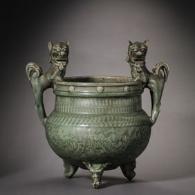Chinese Song Dynasty Celadon Tripod Incense Burner with Dragon Pattern and Double Auspicious Beasts