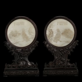 A pair of Chinese Qing dynasty rosewood and Hetian jade screens