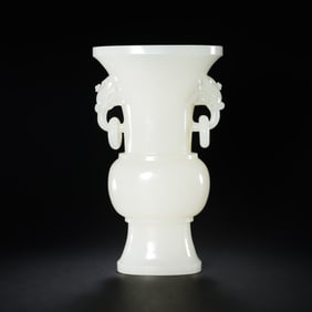 Chinese Qing Dynasty Hetian white jade double-ringed flower vase