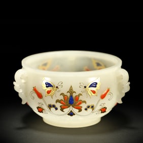 Chinese Qing Dynasty Hetian White Jade Inlaid Gemstone Cup