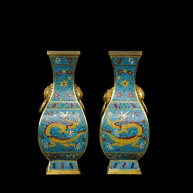 A pair of Chinese Ming Dynasty Jingtai period cloisonné dragon-patterned double-stove square vases