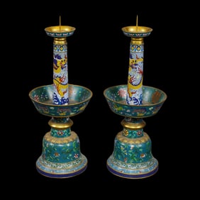 A pair of Chinese Qing Dynasty cloisonné dragon-patterned lampstands