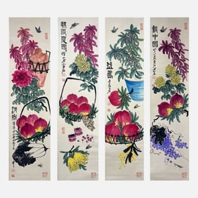 Four-panel floral scroll on paper - Qi Baishi (1864-1957)