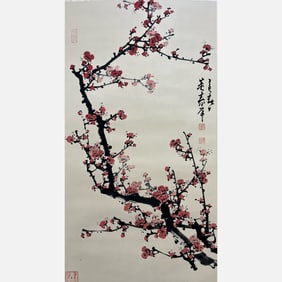 Hanging scroll of red plum blossoms on paper - Dong Shouping (1904-1997)