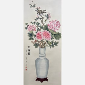 Hanging scroll of flowers and birds on paper - Lu Xiaoman (1903-1965)