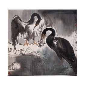 Ink on paper, bird and flower painting - Anonymous